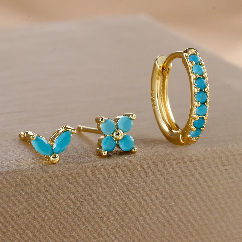 Stainless Steel Gold Color Circle Hoop Earrings Set for Women Simple Zircon Flower Stud Earring Cartilage Piercing Jewelry