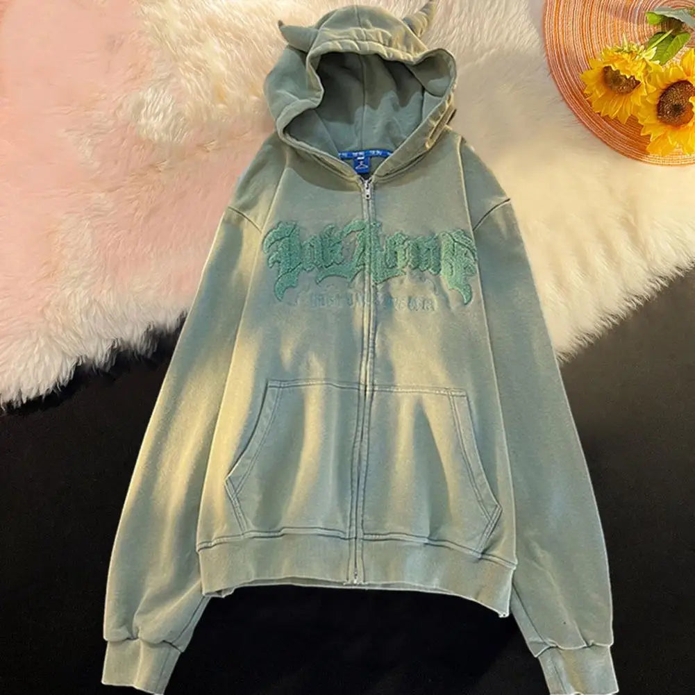 Hoodies Zip Up Letter Pattern Loose Sweatshirt Autumn Hooded Sweatshirt Zipper Woman And Man