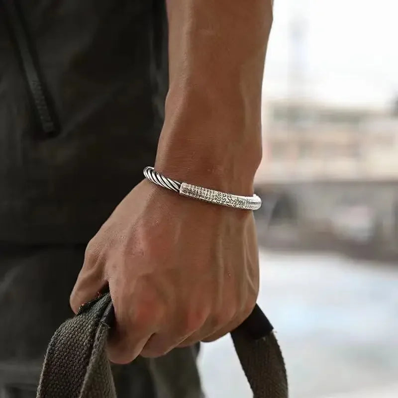 Retro Tibetan Six-Character Mantra Bracelet Scripture Lotus Opening Silver Plated Bracelet Twisted Line Men's