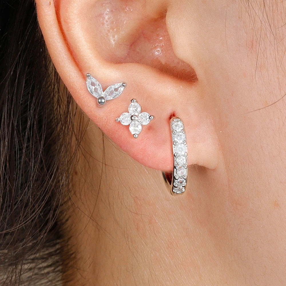 Stainless Steel Gold Color Circle Hoop Earrings Set for Women Simple Zircon Flower Stud Earring Cartilage Piercing Jewelry