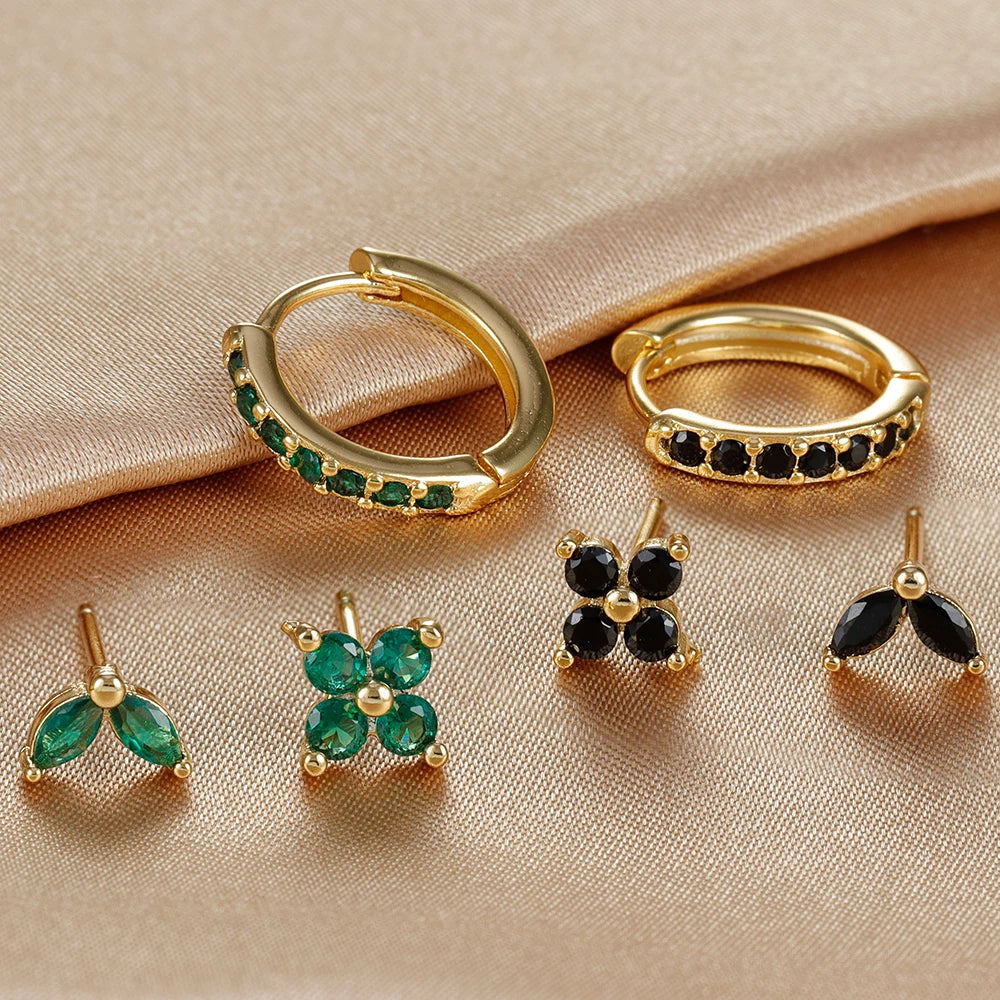 Stainless Steel Gold Color Circle Hoop Earrings Set for Women Simple Zircon Flower Stud Earring Cartilage Piercing Jewelry