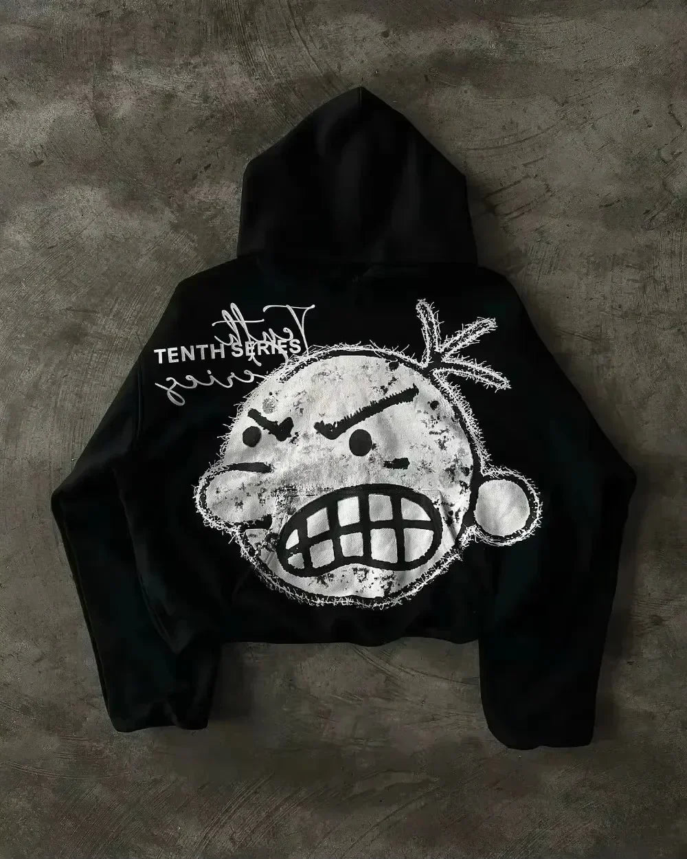 Streetwear Fashion Rhinestone Zip Up Print Oversized Black Hooded Jacket Men Women