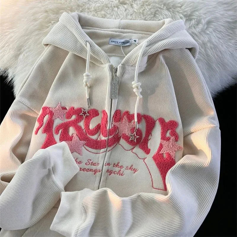 Fashion Embroidery Zip Up Hoodies Autumn Long Sleeve Tops Loose Hood Shirt