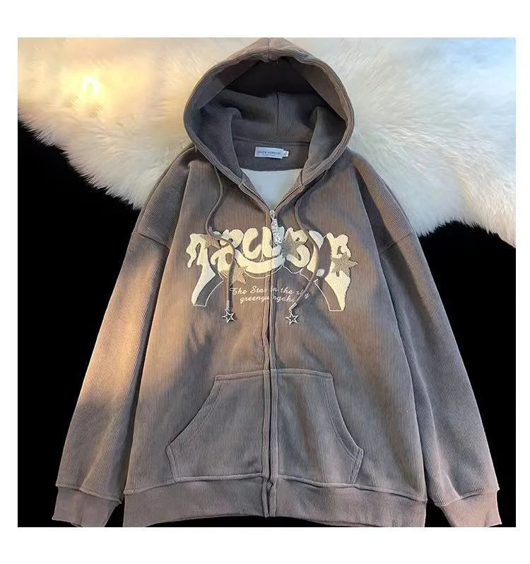 Fashion Embroidery Zip Up Hoodies Autumn Long Sleeve Tops Loose Hood Shirt