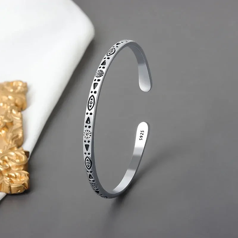 Retro Tibetan Six-Character Mantra Bracelet Scripture Lotus Opening Silver Plated Bracelet Twisted Line Men's