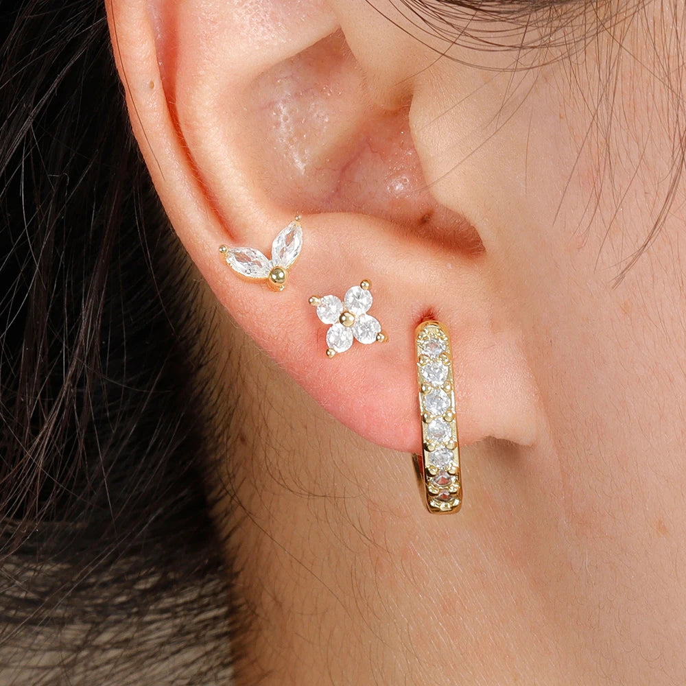 Stainless Steel Gold Color Circle Hoop Earrings Set for Women Simple Zircon Flower Stud Earring Cartilage Piercing Jewelry
