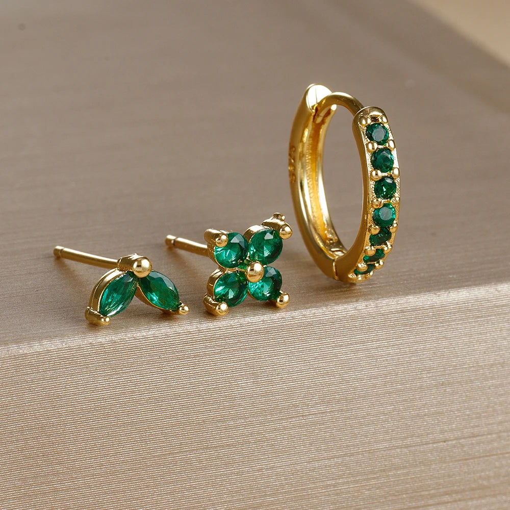 Stainless Steel Gold Color Circle Hoop Earrings Set for Women Simple Zircon Flower Stud Earring Cartilage Piercing Jewelry