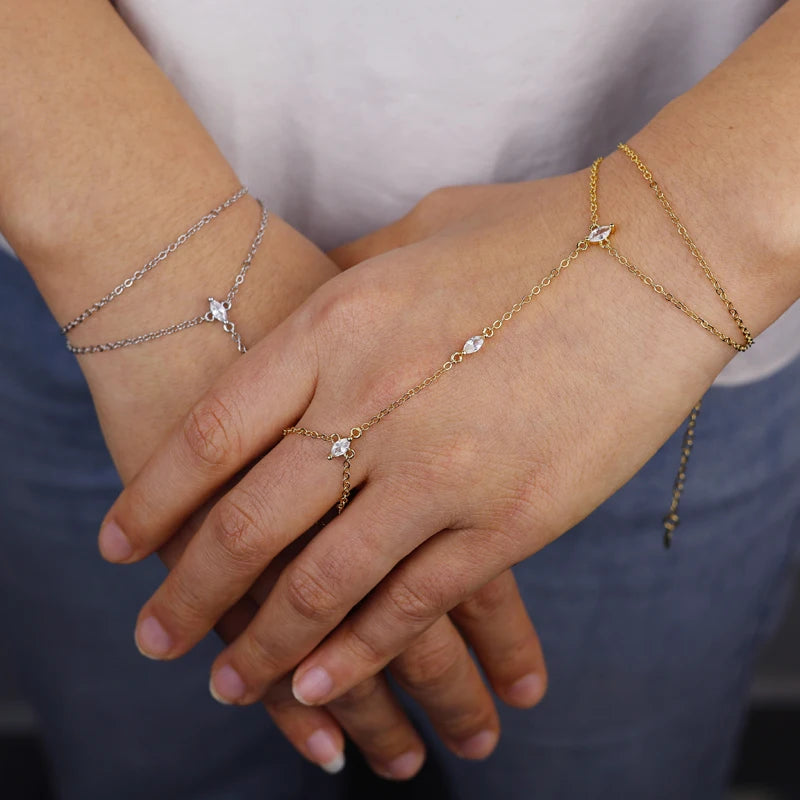 Geometric 3 Pcs Marquise Cubic Zirconia CZ Double Wrist Hand Chain Bracelet Simple Fashion Women Jewelry