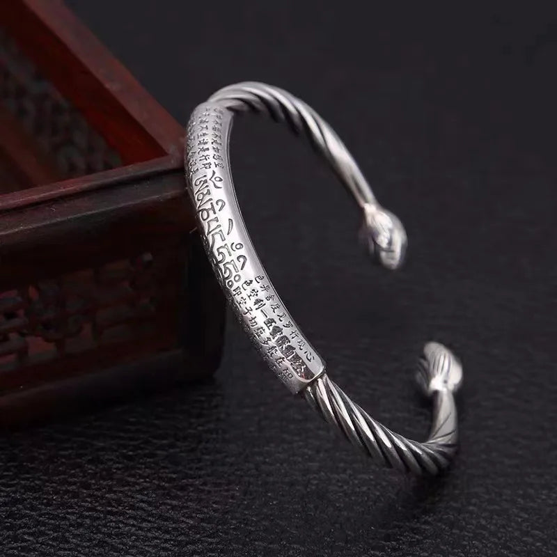 Retro Tibetan Six-Character Mantra Bracelet Scripture Lotus Opening Silver Plated Bracelet Twisted Line Men's