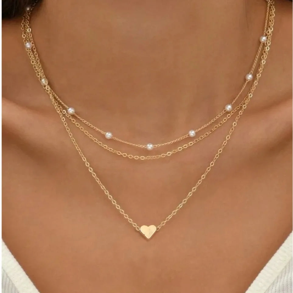 Women's Pearl Necklace Set 14K Gold Fashion Love Heart Pendant Waterproof Hypoallergenic Collarbone Neck Chain Jewelry