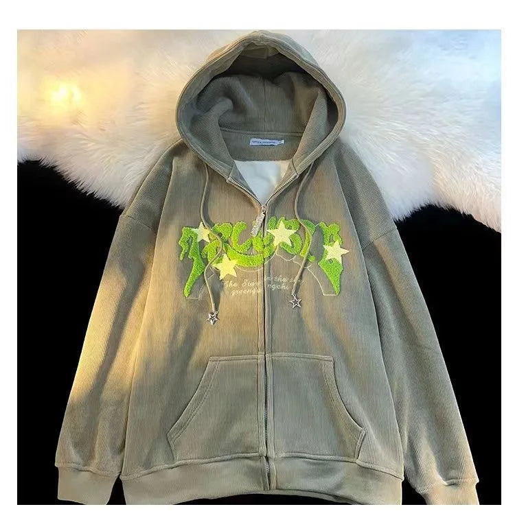 Fashion Embroidery Zip Up Hoodies Autumn Long Sleeve Tops Loose Hood Shirt