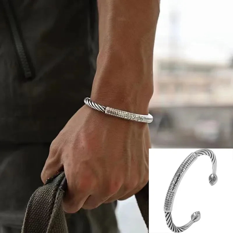 Retro Tibetan Six-Character Mantra Bracelet Scripture Lotus Opening Silver Plated Bracelet Twisted Line Men's