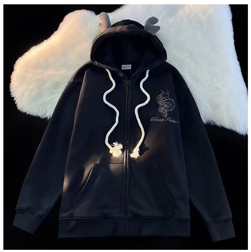 Harajuku New Zip Up Hoodie Year of The Dragon Embroidered Hoodies Long Sleeve Pullover
