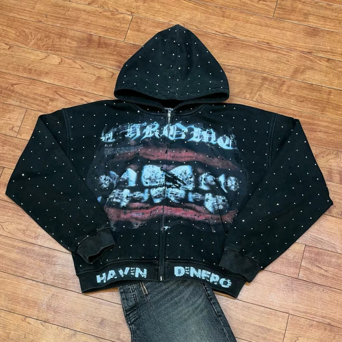 Streetwear Fashion Rhinestone Zip Up Print Oversized Black Hooded Jacket Men Women