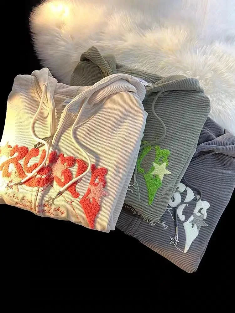Fashion Embroidery Zip Up Hoodies Autumn Long Sleeve Tops Loose Hood Shirt