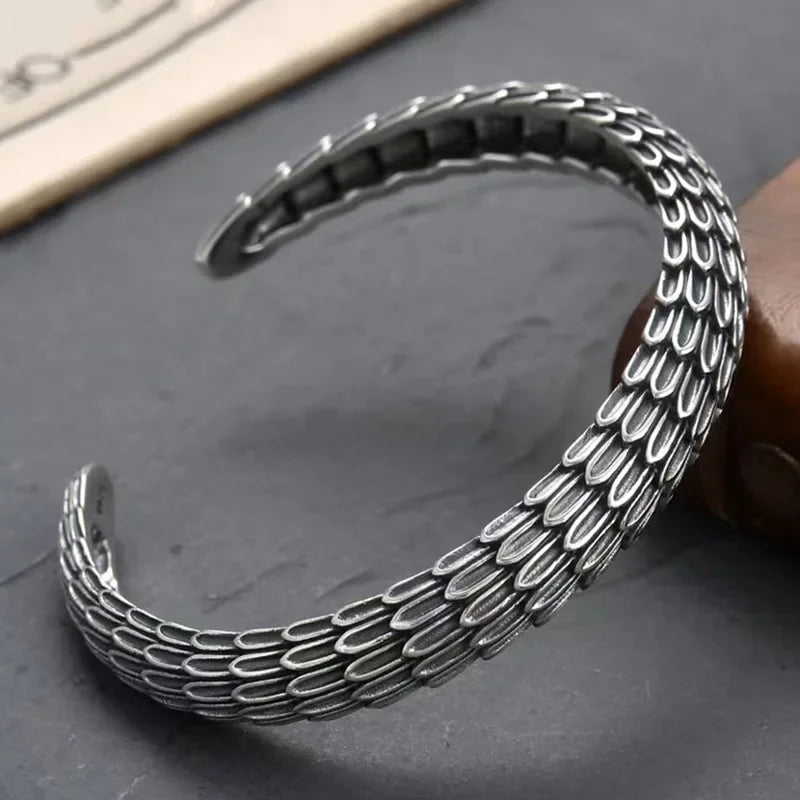 Retro Tibetan Six-Character Mantra Bracelet Scripture Lotus Opening Silver Plated Bracelet Twisted Line Men's