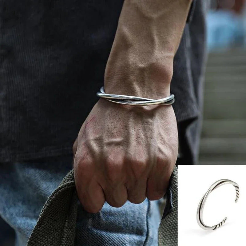 Retro Tibetan Six-Character Mantra Bracelet Scripture Lotus Opening Silver Plated Bracelet Twisted Line Men's