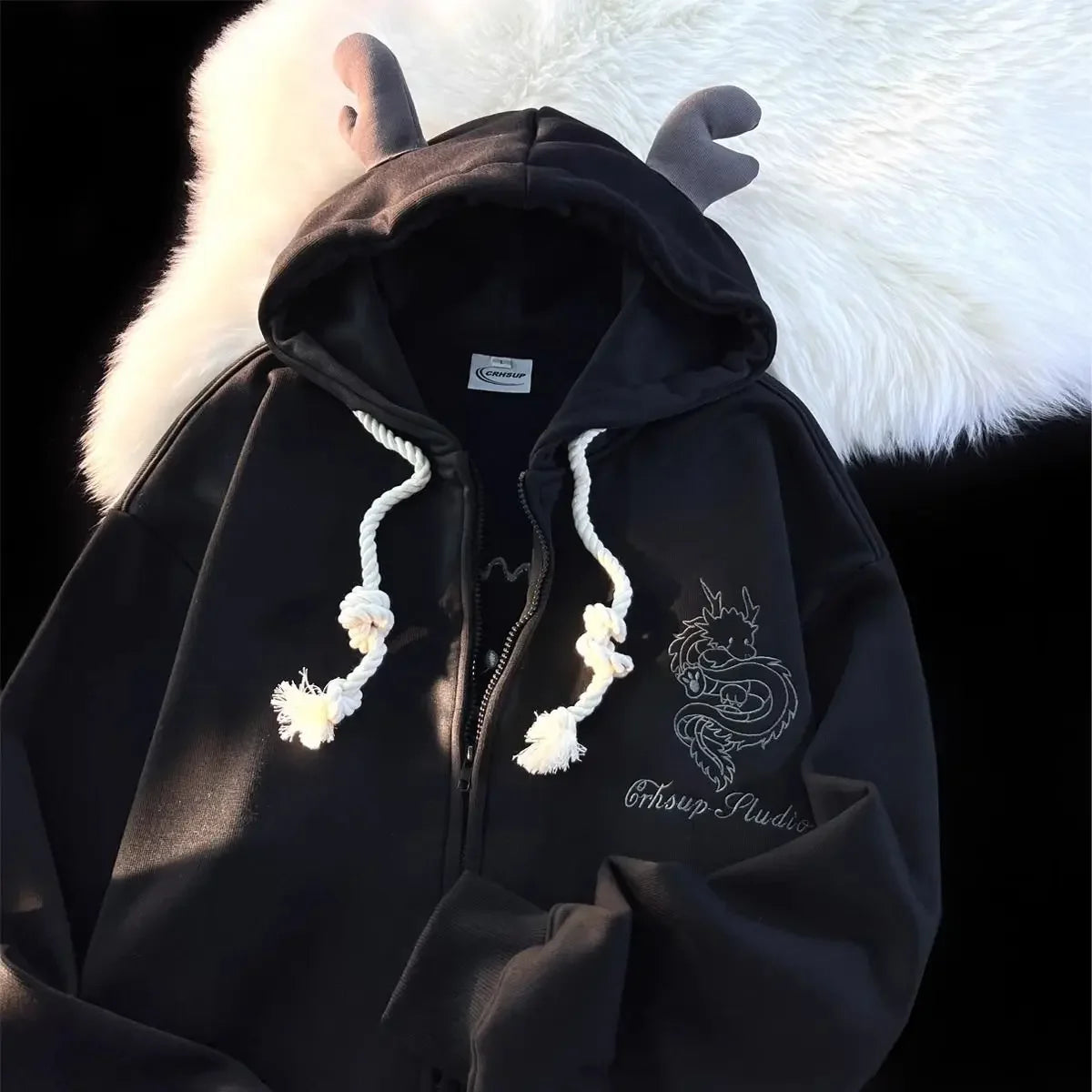 Harajuku New Zip Up Hoodie Year of The Dragon Embroidered Hoodies Long Sleeve Pullover