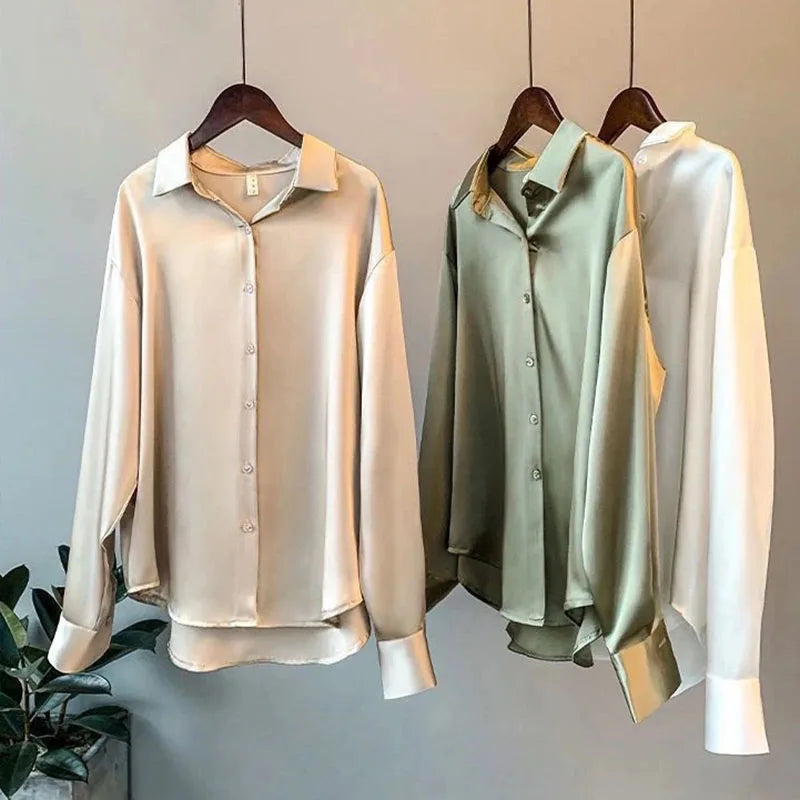 Women Autumn Shirt Vintage Satin Blouse Long Sleeve